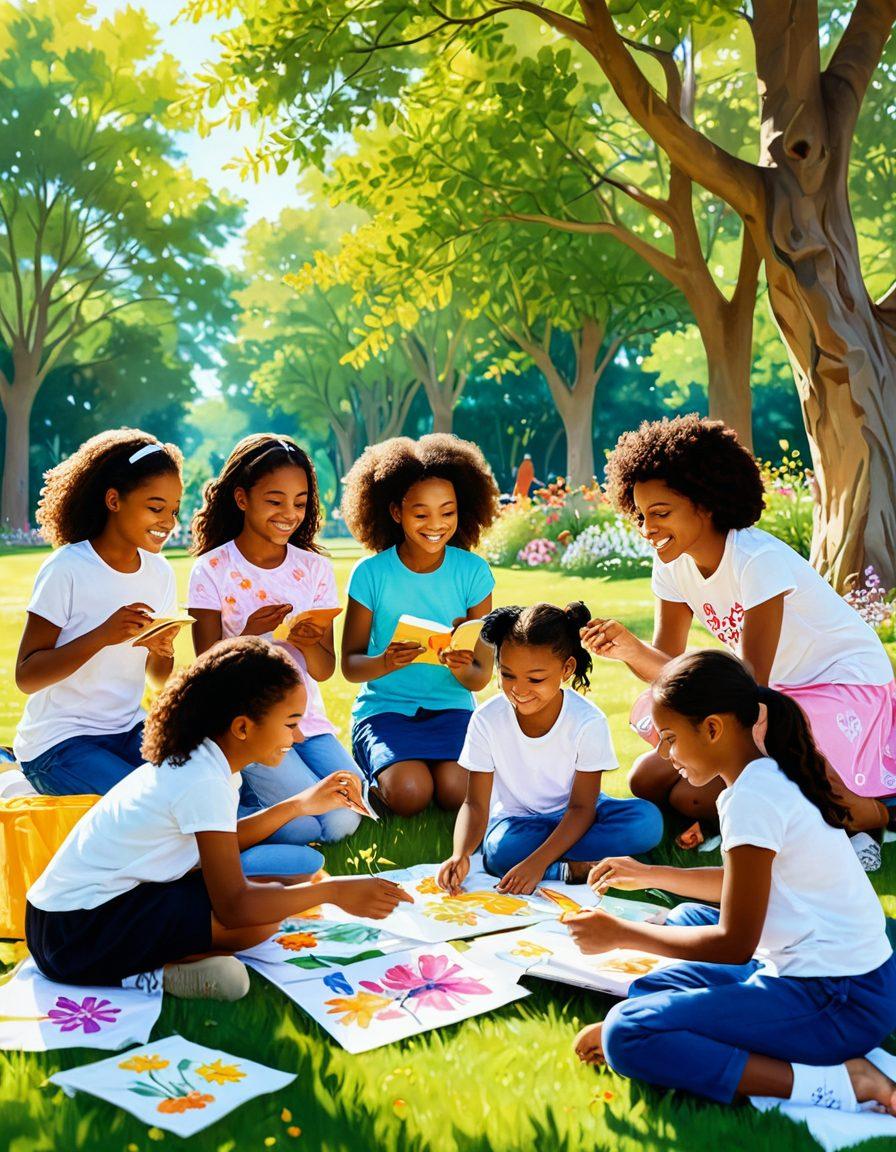 A diverse group of empowered girls of different ages joyfully collaborating in a sunlit park, engaging in activities like painting, reading, and sharing stories. Surround them with colorful banners that read 'Support', 'Growth', and 'Joy' to create a welcoming atmosphere. Include natural elements such as flowers and trees to symbolize growth. The scene should radiate positivity and empowerment. vibrant colors. super-realistic.