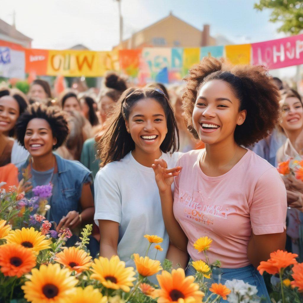 A vibrant community gathering featuring young women engaged in various happiness initiatives, such as planting flowers, sharing creative ideas, and laughing together. The background shows colorful banners with positive quotes, glowing with joy. Showcase a mix of diverse cultural elements to celebrate inclusivity and empowerment. Bright, cheerful color palette to evoke a sense of warmth and connection. watercolor style. vibrant colors.