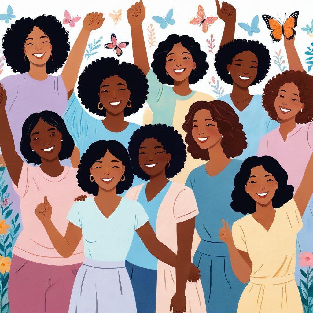 A powerful illustration featuring a diverse group of women standing together in solidarity, with varied cultural backgrounds and styles, embodying empowerment. They are cheering and holding hands, surrounded by symbols of strength like flowers and butterflies. The background should blend soft pastel colors symbolizing harmony and hope. Include motivational quotes hand-lettered in an artistic style. vibrant colors. super-realistic.